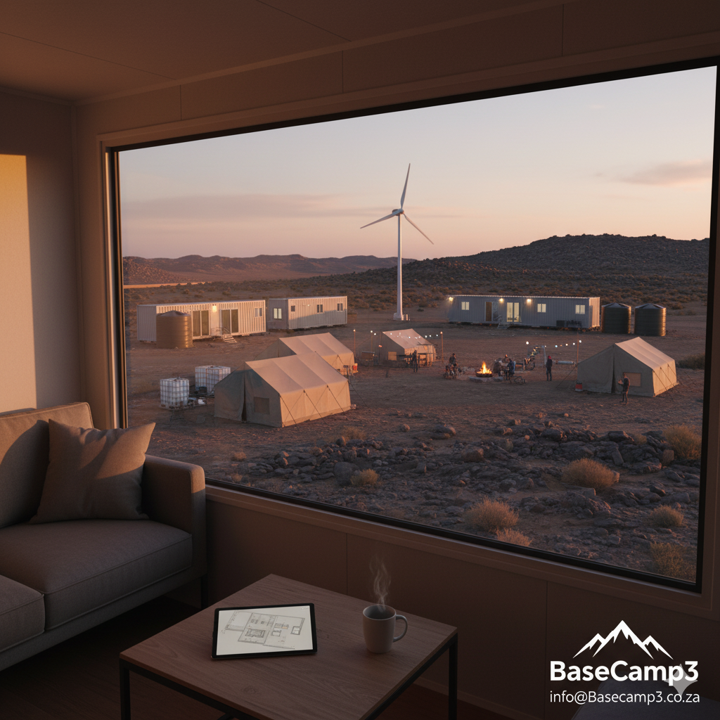 Experience the quality of BaseCamp3 turnkey camp solutions, view from a comfortable module interior showcasing a functional, well-equipped remote camp at dusk with power and amenities.