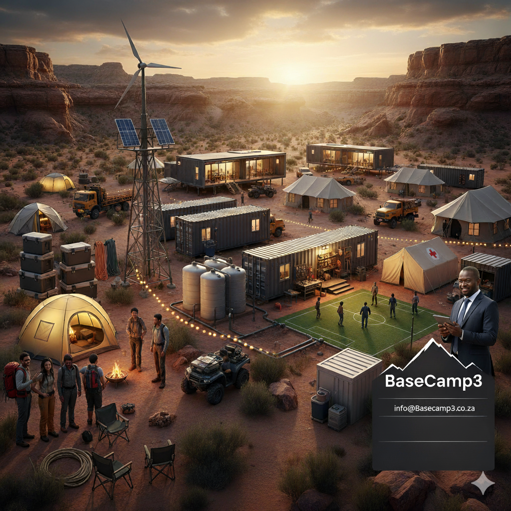 Inage Base Camp 3 about us BaseCamp3 turnkey semi-permanent camp solutions, featuring container homes, tents, solar wind power, water tanks, recreation, camping gear, and a CEO overseeing remote site development in a desert landscape at sunset